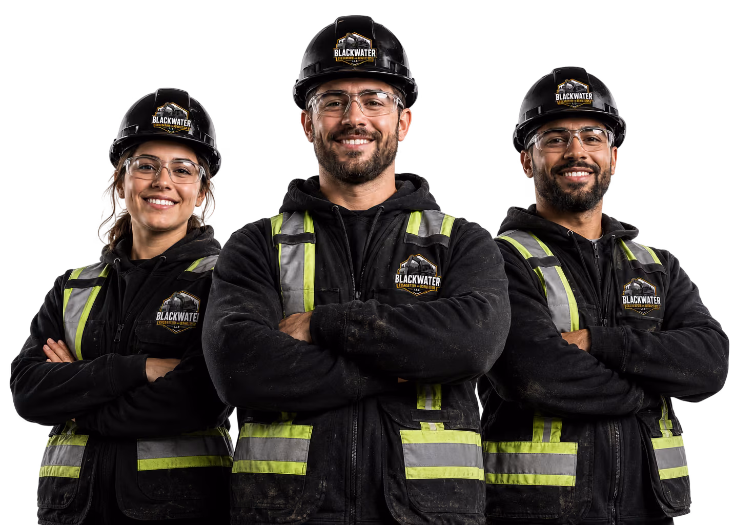 Black Water Excavation & Demolition crew in branded safety vests and hard hats