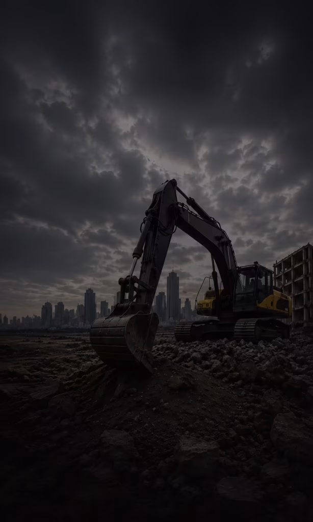 Excavator on an urban demolition site at dusk with a city skyline